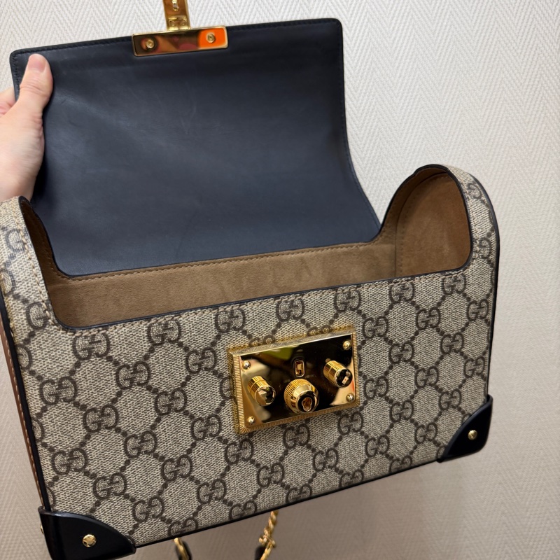 Gucci PVC咖牛皮Padlock金釦竹節手把手提斜背包-11