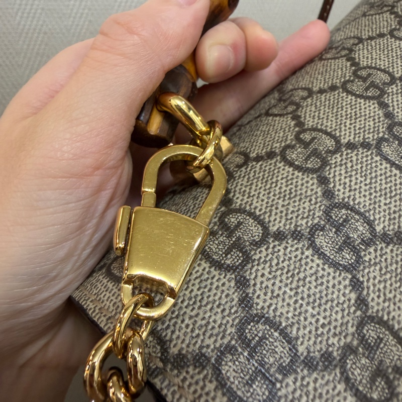 Gucci PVC咖牛皮Padlock金釦竹節手把手提斜背包-15