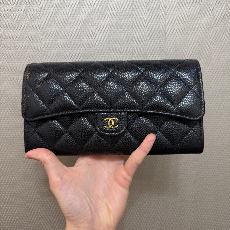Chanel 黑荔枝皮金釦下蓋12卡長夾AP0241-0