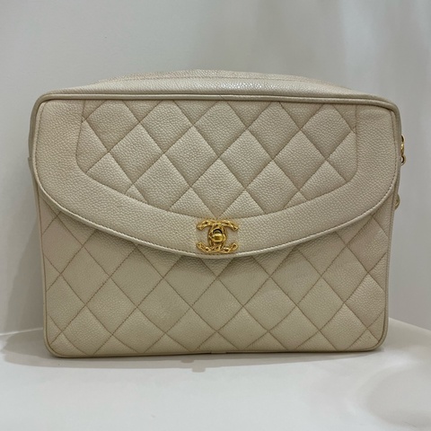 Chanel Vintage 荔枝皮奶茶色金球雕花鏈條包