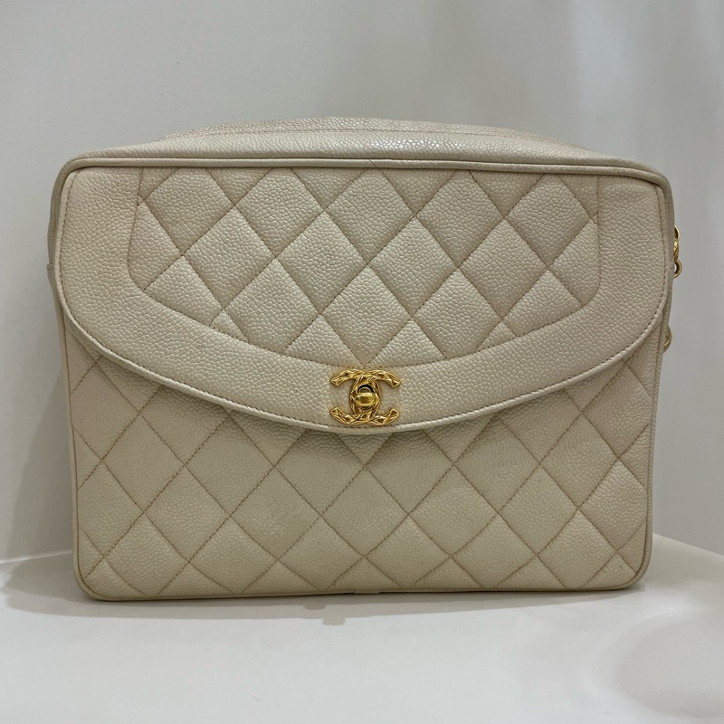 Chanel Vintage 荔枝皮奶茶色金球雕花鏈條包-0