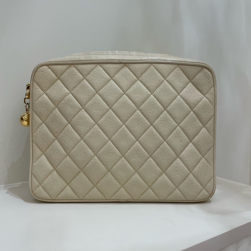 Chanel Vintage 荔枝皮奶茶色金球雕花鏈條包-1