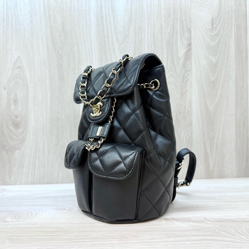 CHANEL黑金粒紋牛皮束口雙口袋後背包AS3290-2