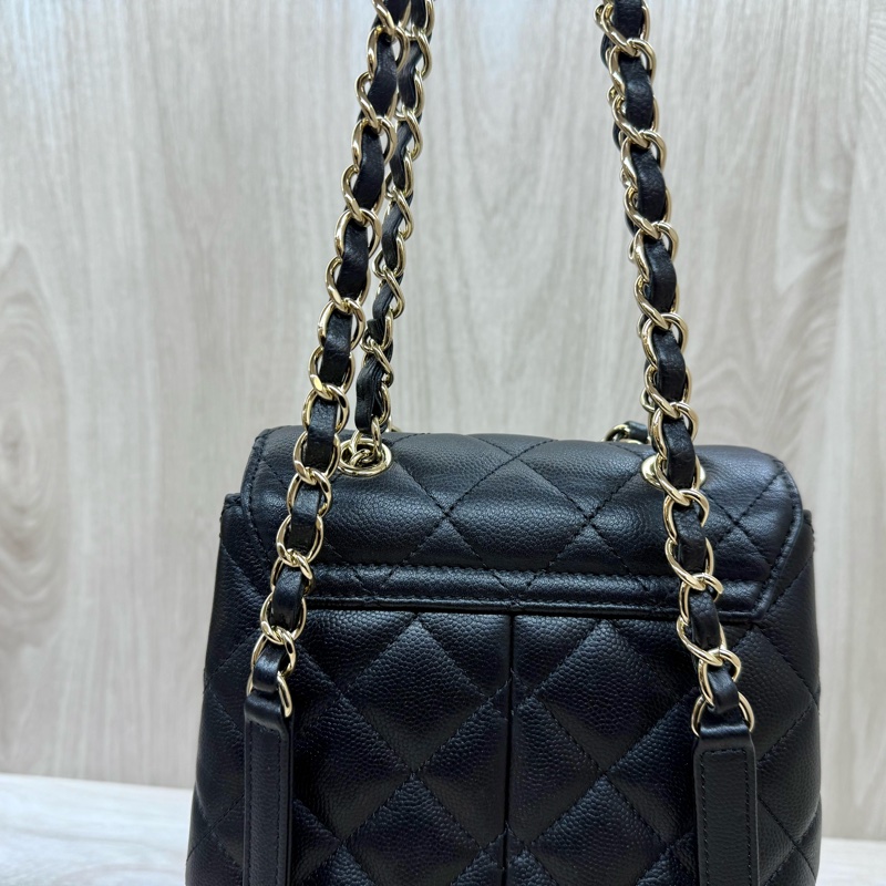 CHANEL黑金粒紋牛皮束口雙口袋後背包AS3290-13