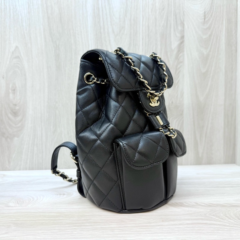 CHANEL黑金粒紋牛皮束口雙口袋後背包AS3290-5