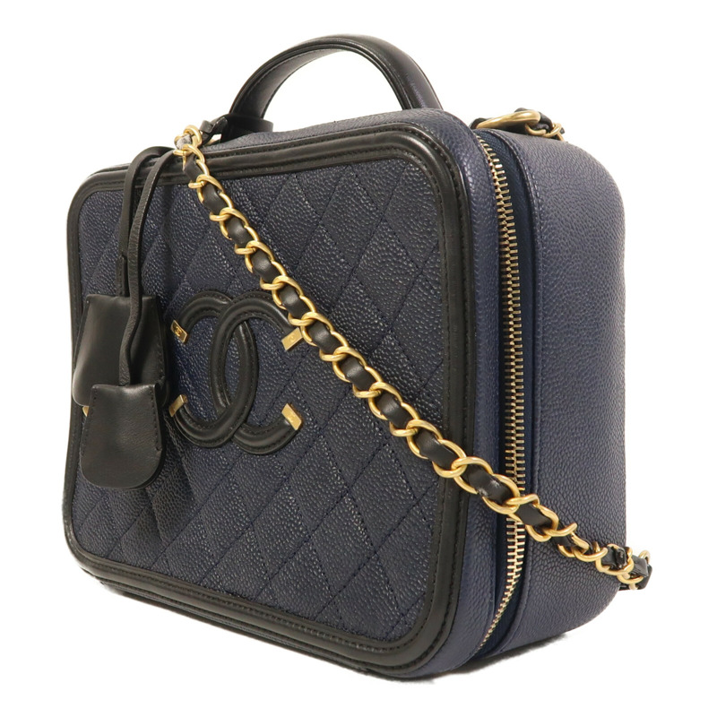 CHANEL 牛皮皮革Filigree Vanity Case金扣手挽肩背兩用袋-2