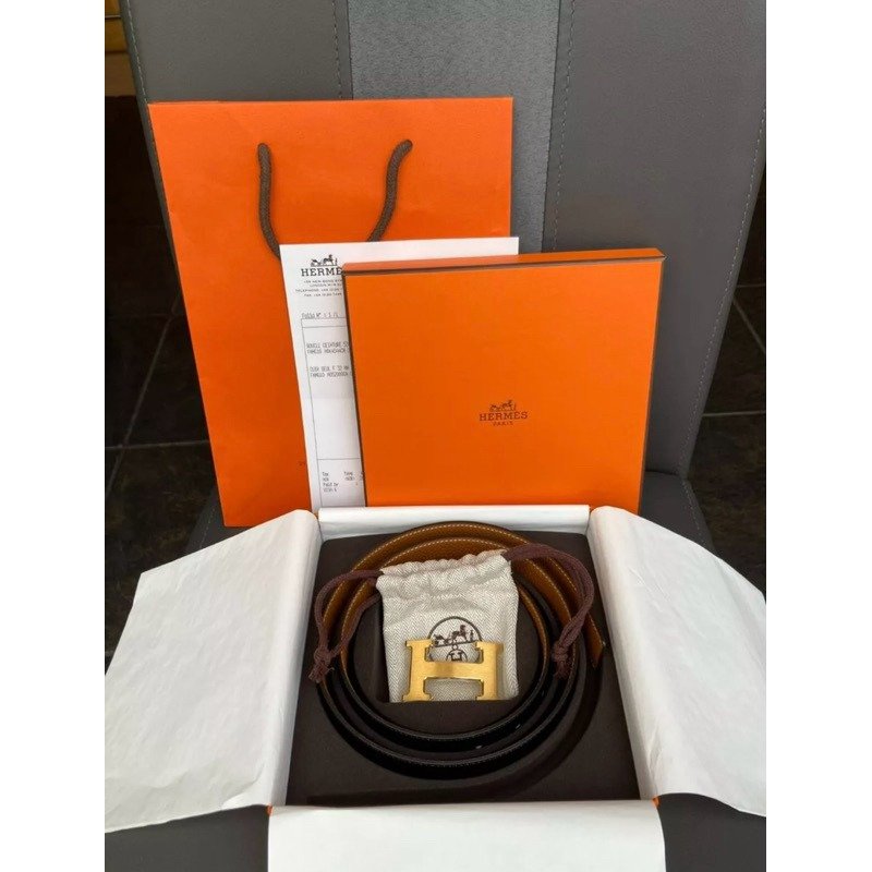 🌟Hermes 愛馬仕 H皮帶 金釦& 黑棕色 雙面皮腰帶32 mm 全新全配-2