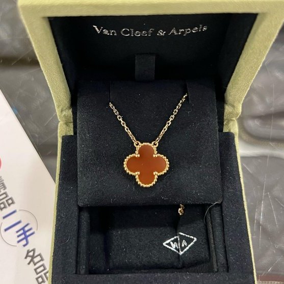 東區正精品㊣Van Cleef & Arpels VCA 750 黃K金四葉幸運草紅玉髓項鍊 RZ6136 VINTAGE Alhambra-0