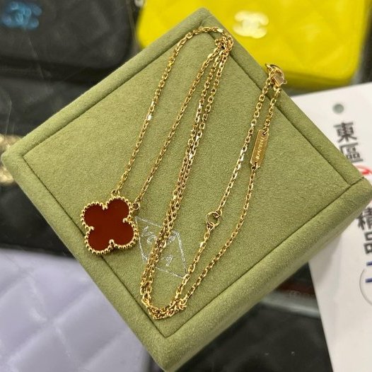 東區正精品㊣Van Cleef & Arpels VCA 750 黃K金四葉幸運草紅玉髓項鍊 RZ6136 VINTAGE Alhambra-4