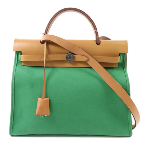 HERMES 帆布Herbag PM銀扣手挽肩背兩用袋Bamboo