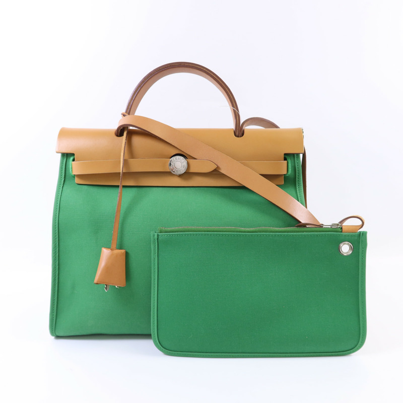 HERMES 帆布Herbag PM銀扣手挽肩背兩用袋Bamboo-12