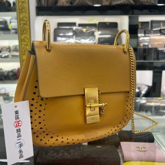 東區正精品㊣Chloe Drew 駝色全皮洞洞金扣小豬包斜背包 RZ3965-0