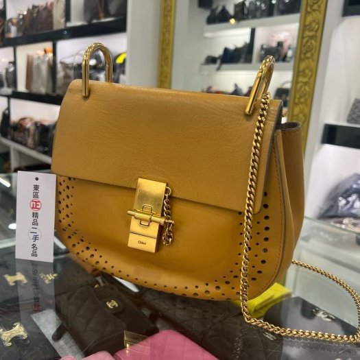 東區正精品㊣Chloe Drew 駝色全皮洞洞金扣小豬包斜背包 RZ3965-1