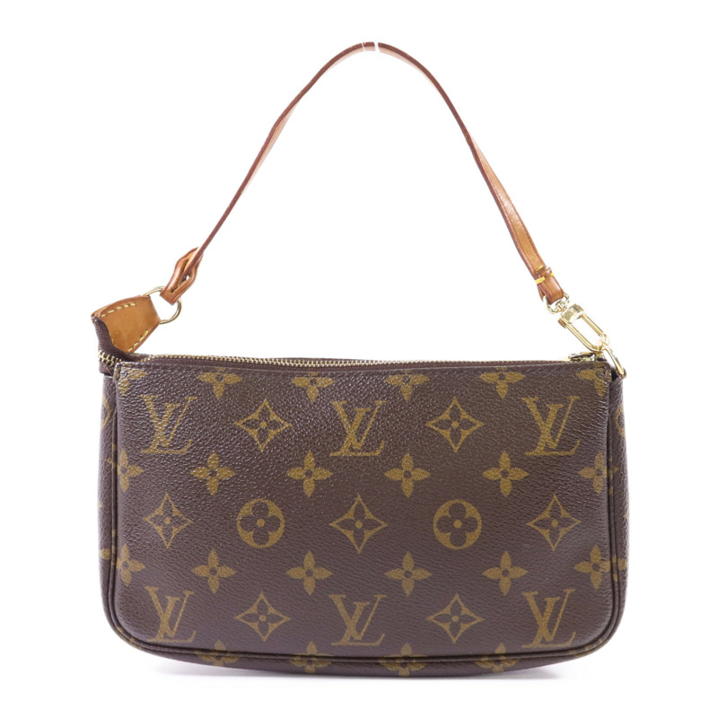 LOUIS VUITTON Monogram Pochette Accessoires金扣手挽袋棕色-0