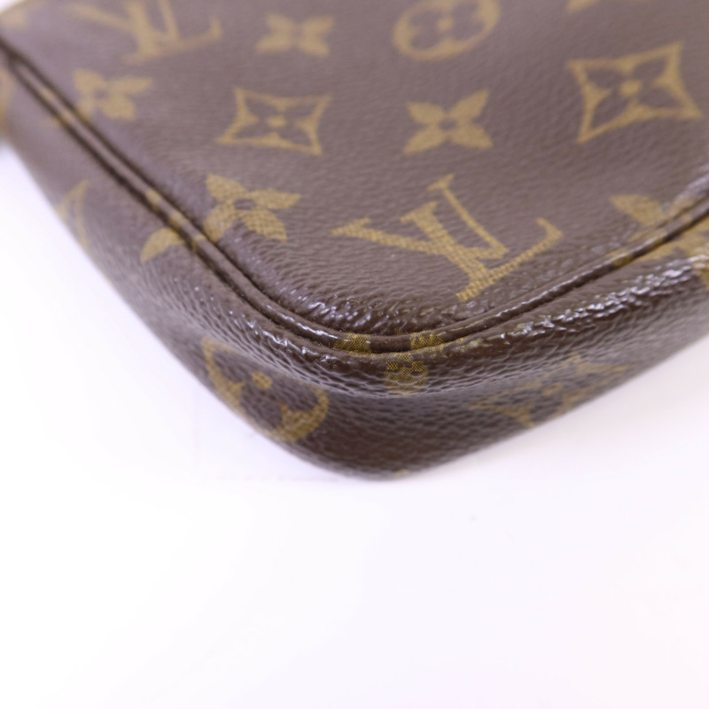 LOUIS VUITTON Monogram Pochette Accessoires金扣手挽袋棕色-10
