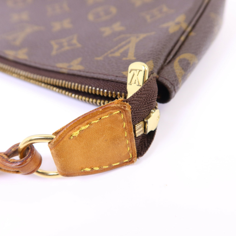 LOUIS VUITTON Monogram Pochette Accessoires金扣手挽袋棕色-17