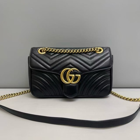 Gucci古馳 marmont中號黑色全皮單肩斜挎包，97新