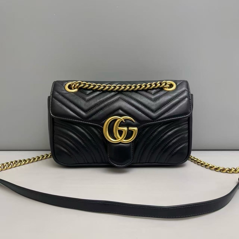 Gucci古馳 marmont中號黑色全皮單肩斜挎包，97新-0