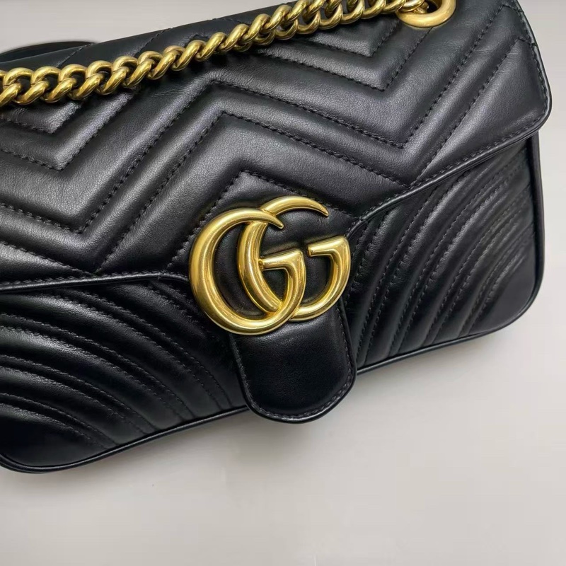 Gucci古馳 marmont中號黑色全皮單肩斜挎包，97新-5