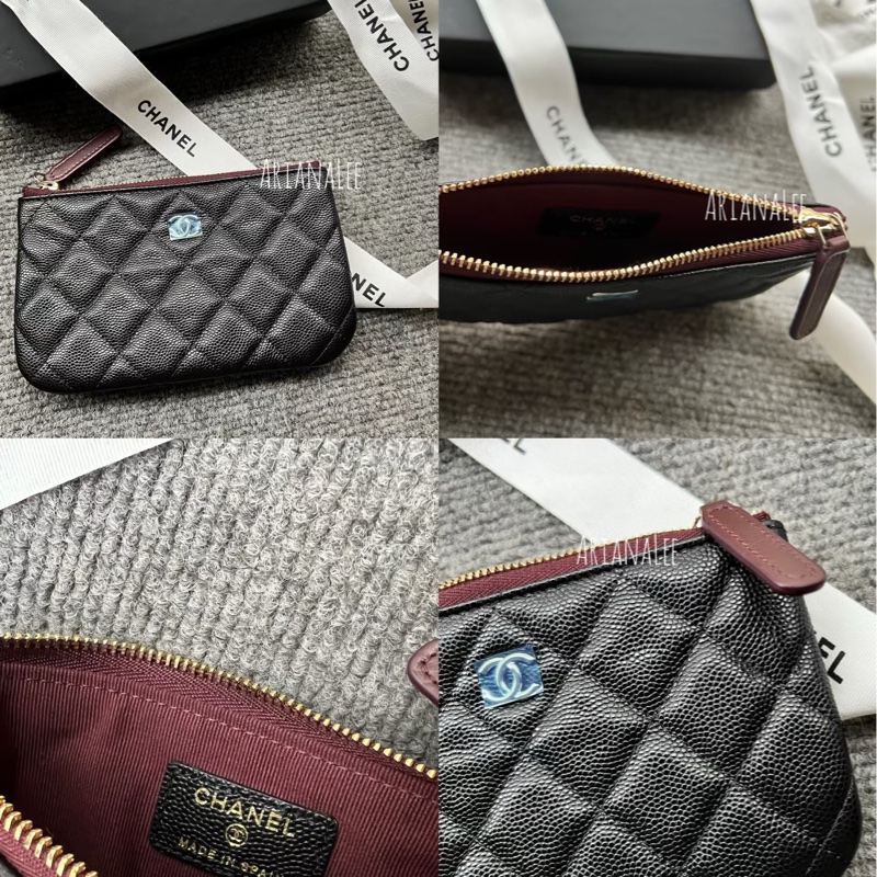 Chanel。一字拉鏈卡包。黑金荔枝皮-9