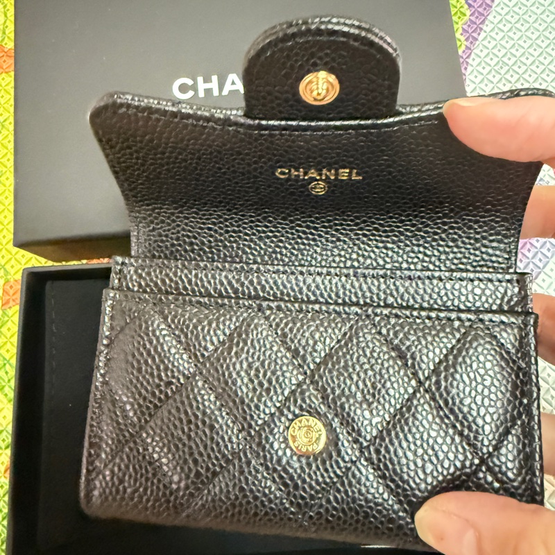 Chanel。黑金短卡夾。零錢包荔枝皮。-5