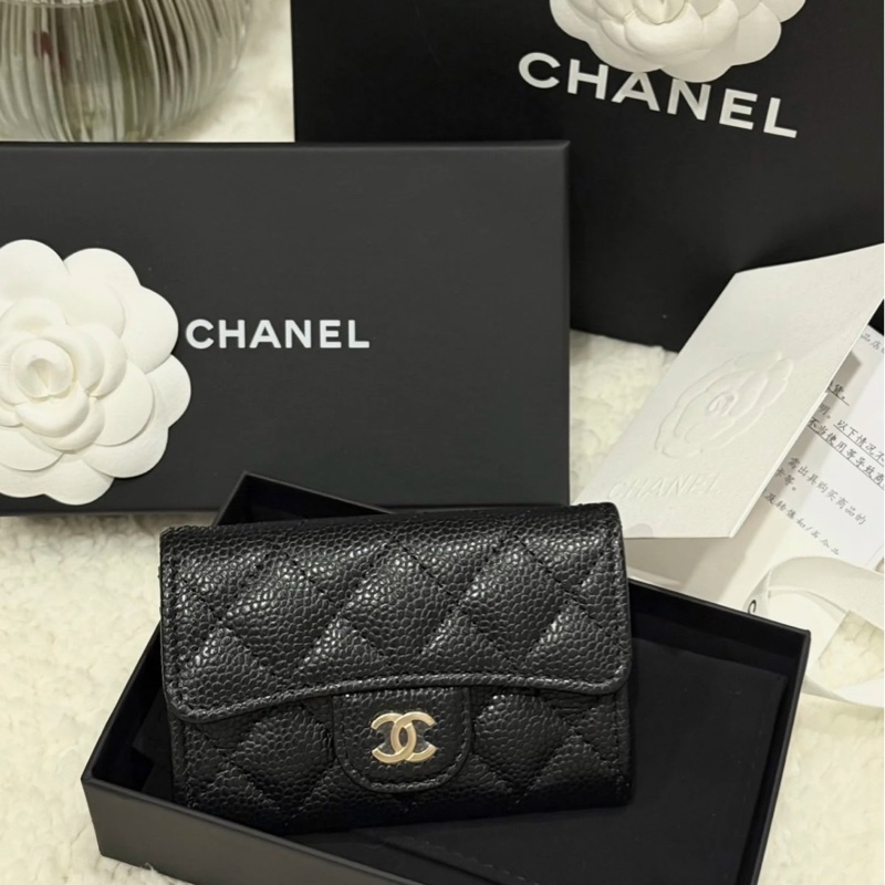Chanel。黑金短卡夾。零錢包荔枝皮。-7