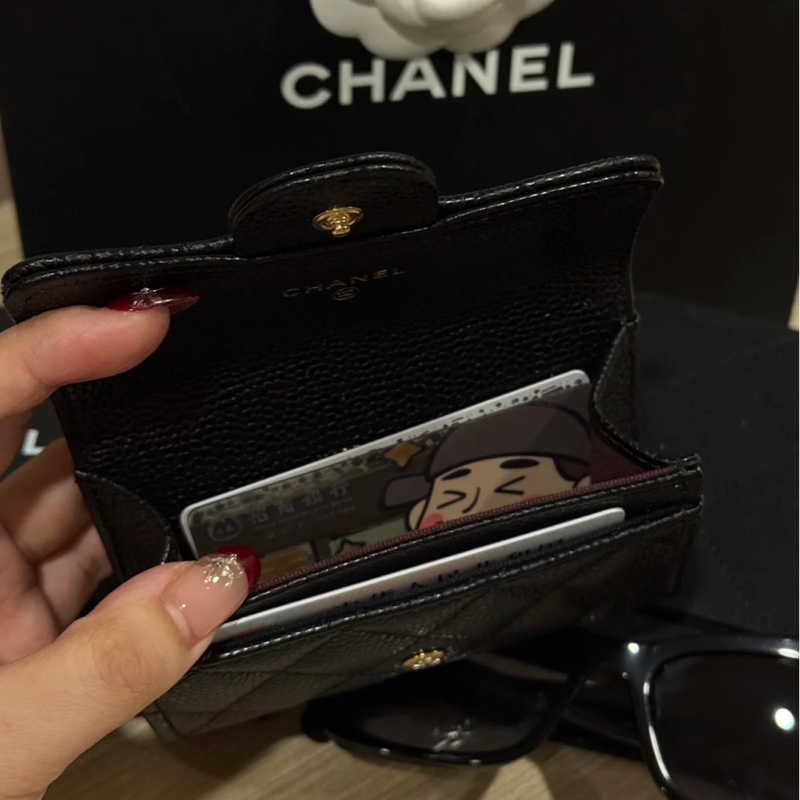 Chanel。黑金短卡夾。零錢包荔枝皮。-8