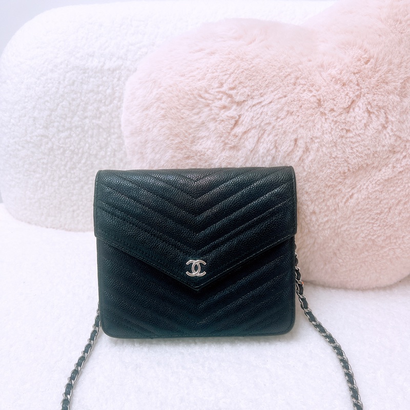 Chanel 黑銀方形woc/ 郵差鏈條包-0
