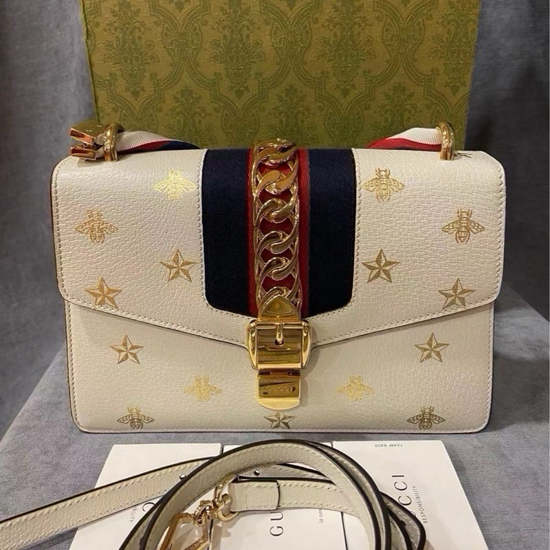 古驰Gucci Sylvie塞尔维亚 金扣 蜜蜂星星 小号 99新 双肩带-5