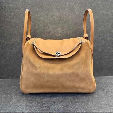 Hermes Lindy 34泰迪熊金棕銀扣單肩包，swift皮拼麂皮，T刻