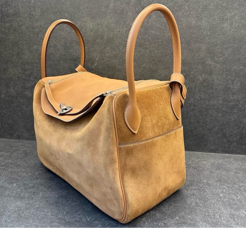 Hermes Lindy 34泰迪熊金棕銀扣單肩包,swift皮拼麂皮,T刻-3