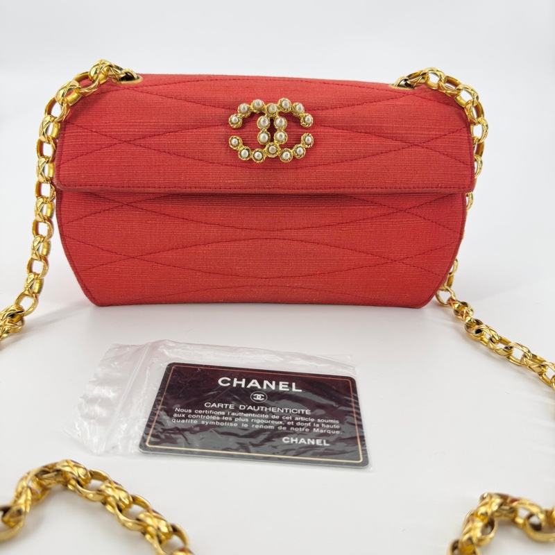 Chanel Vintage 91-94 Fabric Red & Imitation Pearl CC Mark Gold Chain Shoulder Bag-0