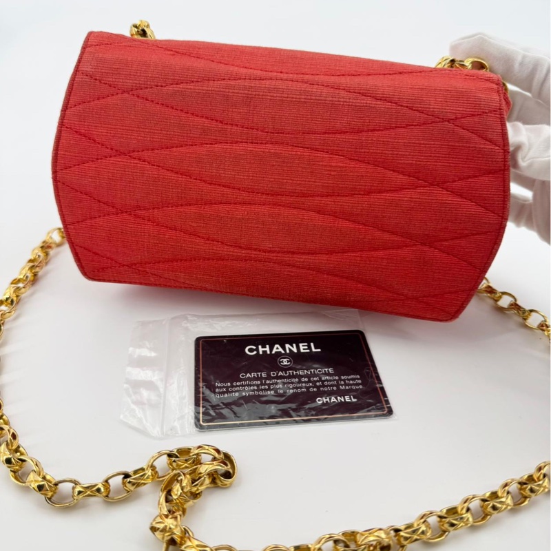 Chanel Vintage 91-94 Fabric Red & Imitation Pearl CC Mark Gold Chain Shoulder Bag-1