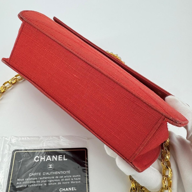 Chanel Vintage 91-94 Fabric Red & Imitation Pearl CC Mark Gold Chain Shoulder Bag-4