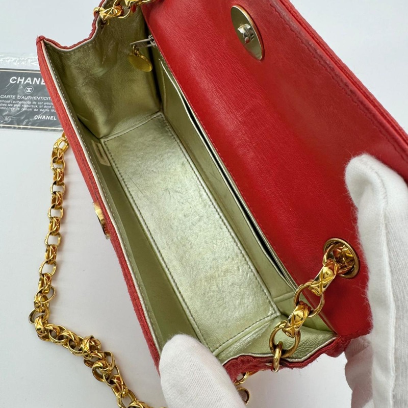 Chanel Vintage 91-94 Fabric Red & Imitation Pearl CC Mark Gold Chain Shoulder Bag-7