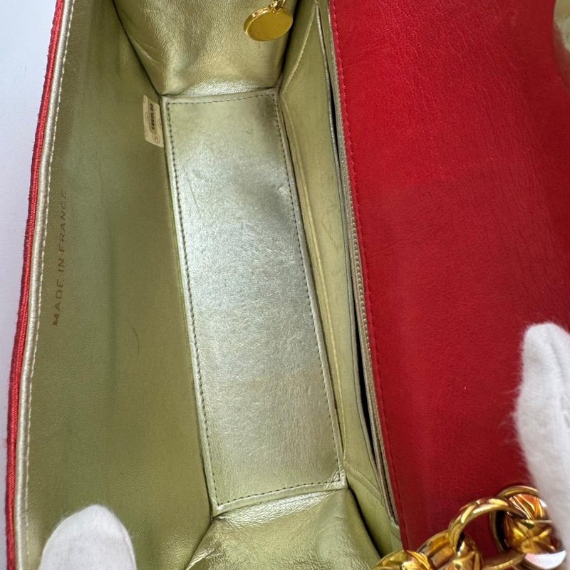 Chanel Vintage 91-94 Fabric Red & Imitation Pearl CC Mark Gold Chain Shoulder Bag-11