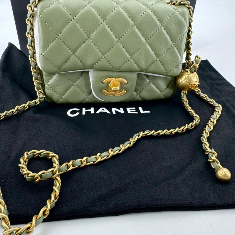 Chanel 21B Lambskin Pearl Crush Olive Green Mini Rectangular Flap Bag with Gold Hardware-0