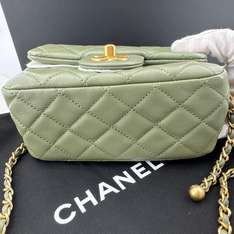 Chanel 21B Lambskin Pearl Crush Olive Green Mini Rectangular Flap Bag with Gold Hardware-4