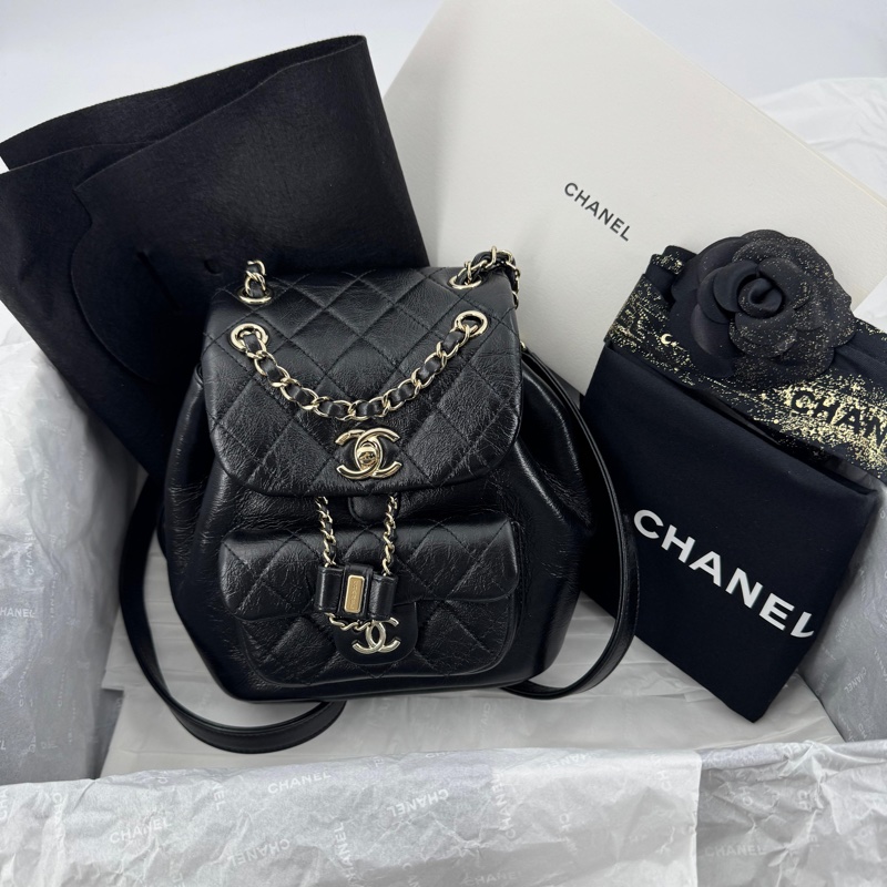 Chanel 22C Shiny Calfskin Black Quilted Small Duma Pockets Drawstring Backpack-0