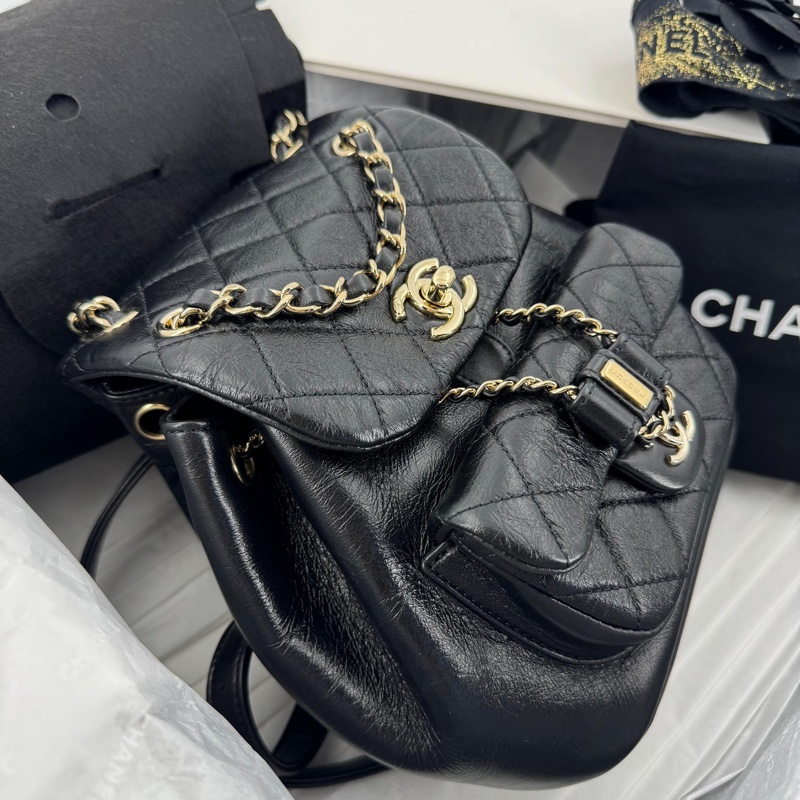 Chanel 22C Shiny Calfskin Black Quilted Small Duma Pockets Drawstring Backpack-1