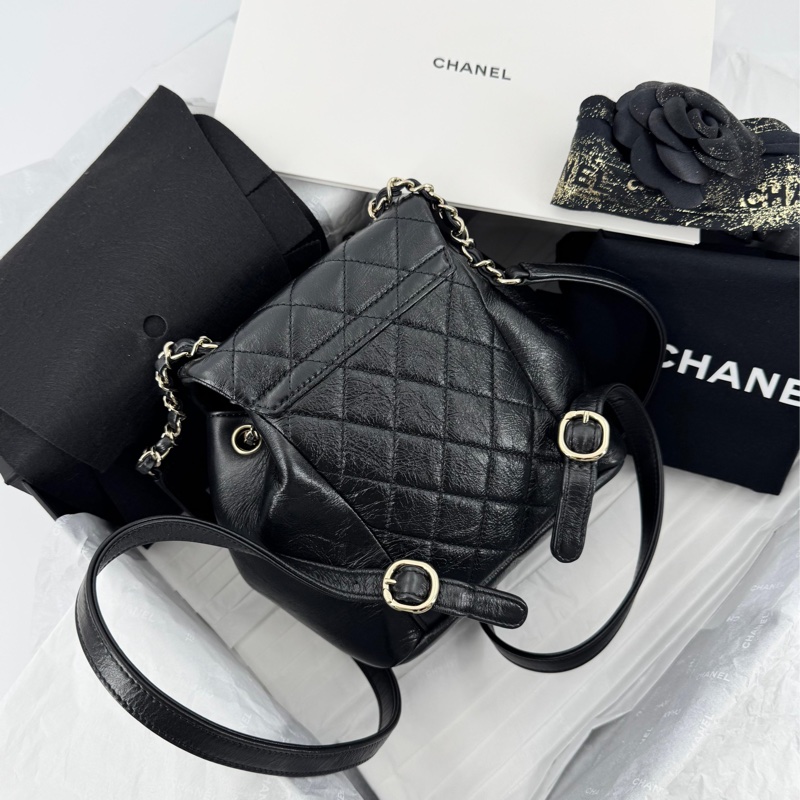 Chanel 22C Shiny Calfskin Black Quilted Small Duma Pockets Drawstring Backpack-3