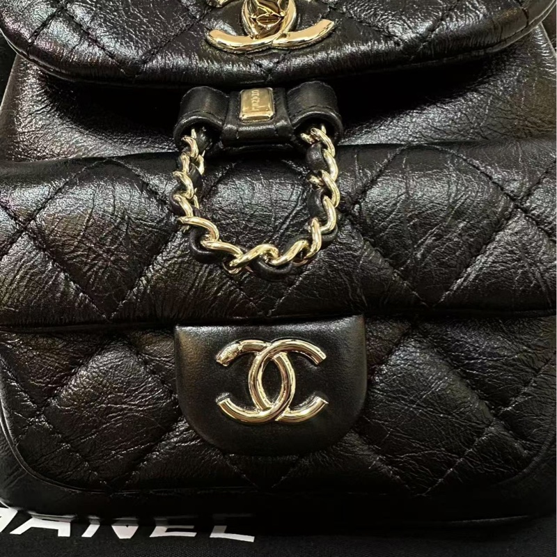 Chanel 22C Shiny Calfskin Black Quilted Small Duma Pockets Drawstring Backpack-10