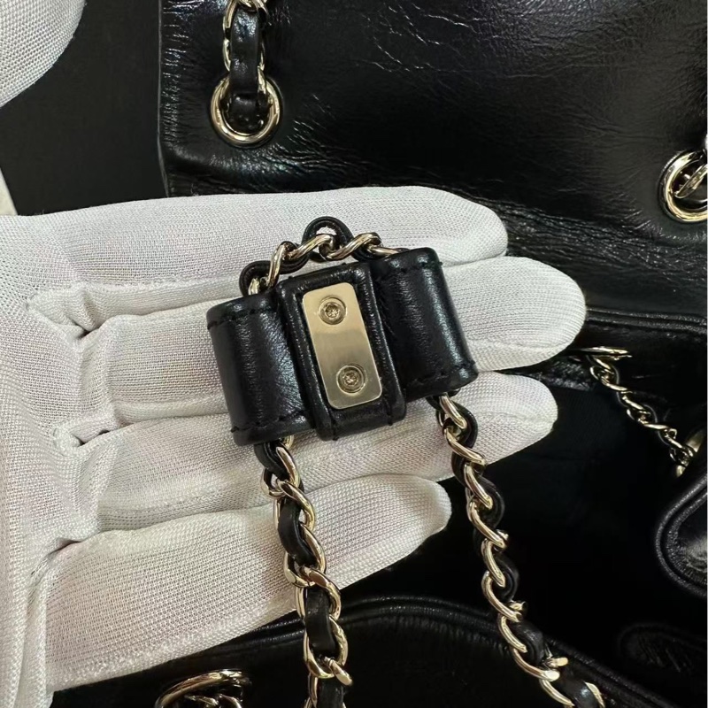 Chanel 22C Shiny Calfskin Black Quilted Small Duma Pockets Drawstring Backpack-14