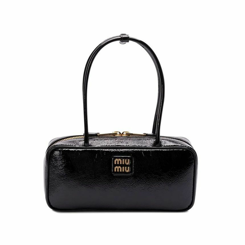 MIU MIU 25FW 金色 Logo 漆皮手提包 黑色 5BB173 ADNT F0002-0