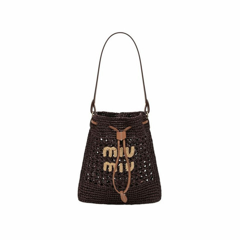 MIU MIU 25FW Logo 拉菲草迷你編織水桶包 可可棕色 5ND016 2DO1 F0966