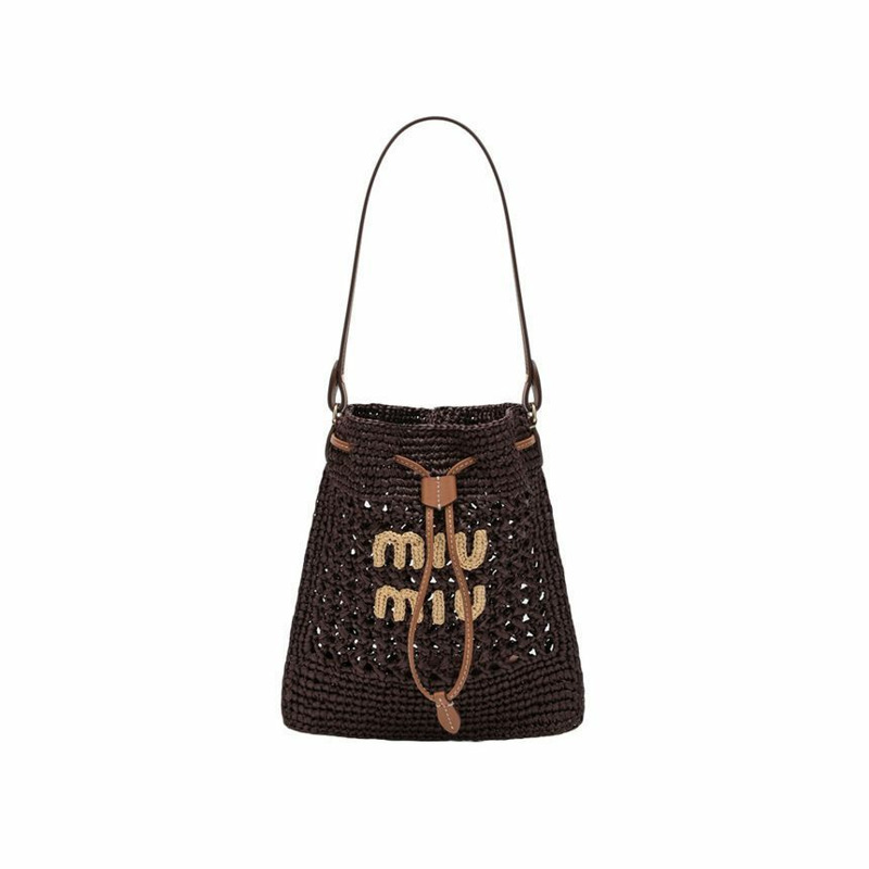MIU MIU 25FW Logo 拉菲草迷你編織水桶包 可可棕色 5ND016 2DO1 F0966-0