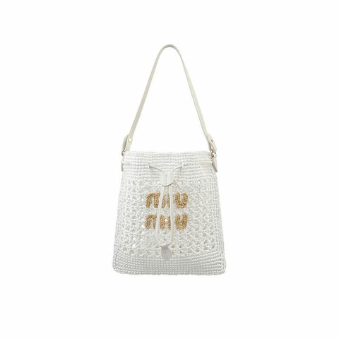 MIU MIU Logo 拉菲草迷你編織水桶包 白色