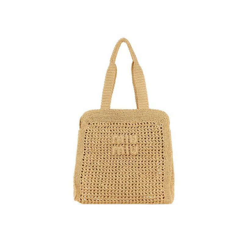 MIU MIU 25FW Logo 拉菲草編織手提單肩包 米色 5BG230 2DO1 F0018-0