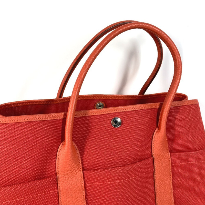 愛馬仕花園派對口袋托特包，36 PM，軍裝帆布，鄉村牛皮，男女通用，番茄紅 x 卡普辛紅，紅色-11