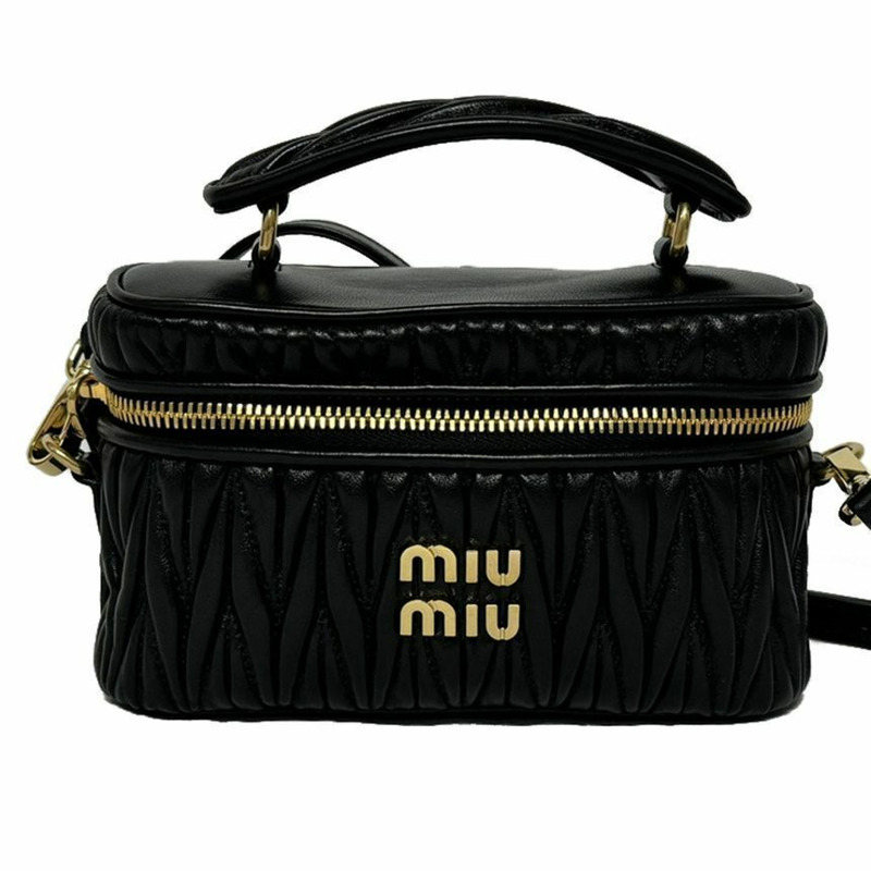 MIU MIU 25FW Bandoliera 金色標誌 Matelassé 托特包斜背包黑色 5BH230 N88 F0002-0